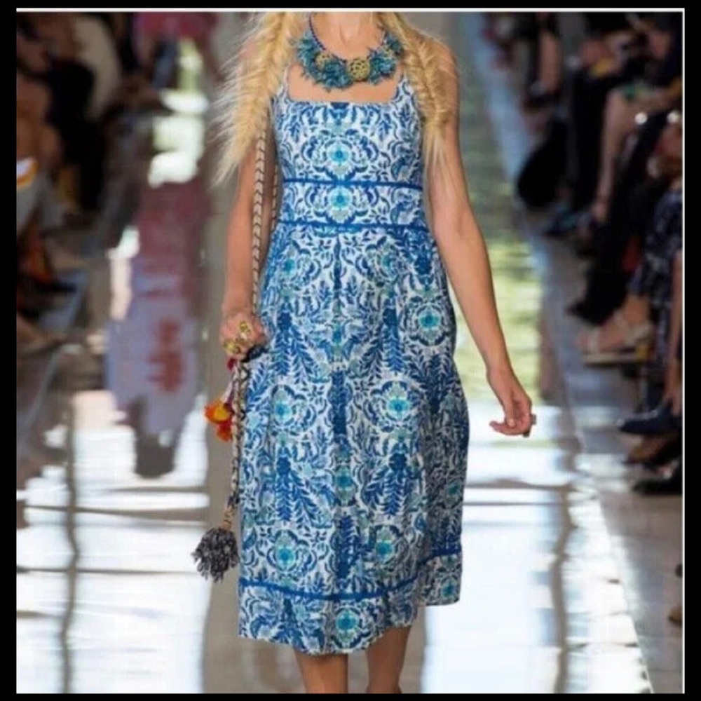 Tory Burch Blue and White Printed Sleeveless Midi Dress